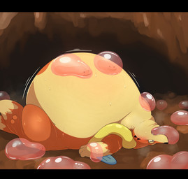 ambiguous_gender anthro belly belly_expansion black_bars bodily_fluids cave expansion force_feeding forced group half-closed_eyes immobile inflation lying motion_lines mouth_full narrowed_eyes on_back slime_inflation sweat novtoon nintendo pokemon ditto_(pokemon) floatzel generation_1_pokemon generation_4_pokemon goo_creature pokemon_(species) 2025 hi_res letterbox