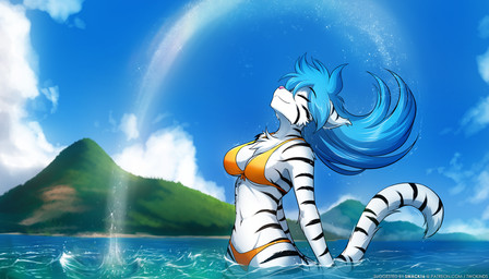 alternate_species anthro bikini bikini_bottom bikini_top black_stripes blue_hair breasts chest_tuft cleavage clothed clothed_anthro clothed_female clothing crossgender eyes_closed female fur furrification hair long_hair markings midriff mtf_crossgender navel outside partially_submerged pose skimpy sky smile solo striped_body striped_fur striped_markings striped_tail stripes swimming swimwear tail tail_markings tuft two-piece_swimsuit water wet_hair wet_hair_flip white_body white_fur white_tail conditional_dnp tom_fischbach twokinds tiger_trace trace_legacy felid keidran mammal pantherine tiger 2025 7:4 digital_drawing_(artwork) digital_media_(artwork) hi_res male_(lore)