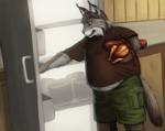 anthro appliance belly brown_body brown_fur brown_hair clothed clothing detailed_background food fridge fur grin hair holding_food holding_object inside kitchen_appliance male meat overweight overweight_anthro overweight_male smile solo standing weight_gain sugarboy tach_(tach0012) felid feline lynx mammal