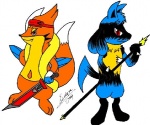 ambiguous_gender anthro black_body black_fur blue_body blue_fur dipstick_tail duo fur markings melee_weapon polearm red_eyes simple_background spear tail tail_markings weapon white_background yellow_body yellow_fur marquis2007 nintendo pokemon canid canine floatzel generation_4_pokemon lucario mammal pokemon_(species) 2009