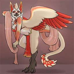:3 anthro beak breasts claws clothing ear_piercing feathered_wings feathers female fur hair harem harem_outfit looking_at_viewer non-mammal_breasts piercing pink_body pink_fur red_body red_feathers silk smile solo tail white_body white_feathers white_fur white_hair wings yellow_eyes royalty_(artist) mythology avian gryphon mythological_avian mythological_creature 1:1 2015