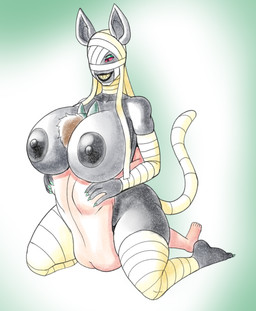 areola bandage between_breasts big_breasts breasts cowgirl_position female from_front_position huge_breasts male male/female nipples on_bottom on_top sex simple_background straddling straddling_lap fourssss n'cathe humanoid mummy undead 2026 digital_drawing_(artwork) digital_media_(artwork) hi_res