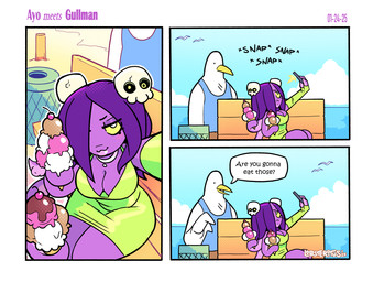 3_panel_comic accessory anthro armwear bald beak bench big_breasts blue_clothing blue_shirt blue_tank_top blue_topwear border bottomwear breasts cellphone cherry choker cleavage closed_smile clothed clothing day dessert dialogue dress duo ear_piercing elbow_gloves electronics eyebrows eyelashes female fingerless_gloves fingers food fruit fully_clothed gloves hair hair_accessory hair_over_eye handwear holding_cellphone holding_food holding_ice_cream holding_object holding_phone holding_smartphone ice_cream jewelry lips long_hair looking_at_viewer male mouth_closed multi_arm multi_limb necklace on_bench open_mouth outline outside phone piercing plant purple_body purple_hair purple_skin red_bottomwear red_clothing selfie shirt sitting sitting_on_bench skull_accessory smartphone smile snap sound_effects speech_bubble talking_to_another tank_top tentacle_arms text thick_lips thick_thighs topwear trash_can white_body white_border white_choker white_eyes white_jewelry white_necklace white_outline wide_hips yellow_armwear yellow_clothing yellow_dress yellow_elbow_gloves yellow_fingerless_gloves yellow_gloves yellow_handwear yellow_sclera lobsteritus ayo_(lobsteritus) gullman_(lobsteritus) ambient_flier animal_humanoid avian bird cephalopod cephalopod_humanoid gull humanoid lari larid marine marine_humanoid mollusk mollusk_humanoid octopus_humanoid 2025 clip_studio_paint_(artwork) comic dated digital_media_(artwork) english_text hi_res signature