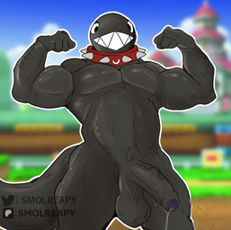 balls biceps big_muscles big_tail black_body bodily_fluids collar dripping erection foreskin genitals humanoid_genitalia humanoid_penis male muscular muscular_humanoid muscular_male not_furry pecs penis presenting saggy_balls sharp_teeth solo spiked_collar spikes sweat tail teeth smolreapy mario_bros nintendo chain_chomp humanoid watermark
