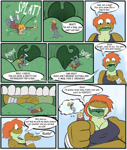 anthro big_tongue bouncing bouncing_sound_effect breasts brown_body brown_skin clothing countershade_torso countershading dialogue duo female fish_hook freckled_face freckled_shoulders freckles glistening_uvula green_mouth green_tongue hair hook inside_mouth macro male micro orange_hair ponytail reverse_mouth_shot shirt short_ponytail size_difference smaller_human speech_bubble splat spotted_tongue squish swinging_uvula talking_to_another tank_top teeth text thought_bubble throat tongue tongue_out topwear uvula vore wraps wrist_wraps gtb23 daryl_(gtb23) amphibian frog human mammal comic english_text hi_res