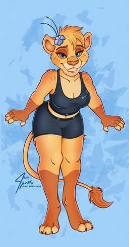 anthro athletic_wear bottomwear bra clothing female gym_bottomwear gym_shorts looking_at_viewer shorts solo sports_bra sportswear underwear jace_apollo bahati_whiteclaw felid lion mammal pantherine absurd_res hi_res