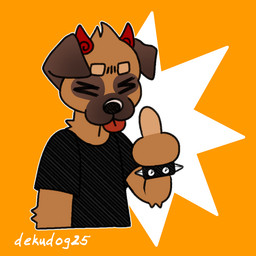 1_finger 2_horns anthro arm_tuft bent_arm black_bracelet black_clothing black_shirt black_t-shirt black_topwear bracelet brown_body brown_eyebrows brown_fur clothed clothed_anthro clothed_male clothing elbow_tuft eyebrows eyes_closed floppy_ears fur gesture hand_gesture horn jewelry light male male_anthro middle_finger multicolored_body multicolored_fur orange_background red_horn red_tongue shirt short_horn simple_background small_horn solo spiked_bracelet spikes straight_arm t-shirt text tongue tongue_out topwear tuft dekudog beelzebub_(dekudog) canid canine canis demon domestic_dog hybrid mammal mastiff molosser 1:1 2025 artist_name colored dated digital_drawing_(artwork) digital_media_(artwork) english_description english_text half-length_portrait lighting portrait trans_(lore) trans_man_(lore)