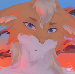 anthro arm_tuft blue_eyes cheek_tuft cloud facial_tuft fluffy fluffy_ears fur hair inner_ear_fluff male multicolored_body nature nature_background orange_body orange_fur outside shoulder_tuft sky solo sunset tired tuft two_tone_body white_body white_fur ocelotka vukahen_spatl felid feline hybrid mammal digital_media_(artwork) portrait