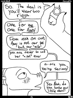 anthro anthro_on_feral bestiality bestiality_marriage blush cutaway dialogue duo feral male ring_(jewelry) solo_focus text qwaxi~lixard canid canine canis domestic_dog lizard mammal reptile scalie 3:4 black_and_white comic english_text hi_res monochrome