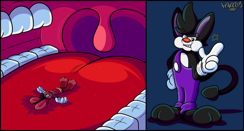 2_toes 3_toes 4_fingers anthro big_feet big_tongue big_uvula cartoon_gloves cheek_bulge clothing dazed dizzy dizzy_eyes duo eyewear feet fingers glasses in_mouth inside_mouth lying male male/male mawplay on_back overalls paws red_tongue shirt smug_expression smug_face smug_grin tail toes tongue toony topwear uvula vore wearing_glasses whiskers wide_tongue marquis2007 herman_(marquis2007) roderick_(tamerkoh) imp lagomorph leporid mammal rabbit absurd_res alpha_channel hi_res