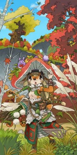 anthro bag biped blonde_hair breasts brown_eyes cloth clothed clothing dagger detailed_background female food fruit fungus fur hair hat headgear headwear huliia kemono leaf long_hair looking_at_viewer markings melee_weapon multicolored_body multicolored_fur mushroom open_mouth plant scarf small_breasts solo standing stick tree two_tone_body two_tone_fur weapon utsuki_maito deer mammal 1:2 2014 colorful_theme hi_res japanese_description