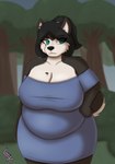 4_fingers anthro belly big_breasts black_hair black_nose blue_clothing blue_dress blurred_background breasts brown_body brown_fur cleavage clothed clothing countershade_face countershade_fur countershade_tail countershade_torso countershading day dress eye_through_hair eyebrow_through_hair eyebrows eyelashes female fingers forest forest_background front_view fully_clothed fur hair hand_on_hip mouth_closed multicolored_body multicolored_fur nature nature_background off_shoulder outside overweight overweight_female plant pupils snout solo standing tail teal_eyes thick_thighs translucent translucent_hair tree two_tone_body two_tone_fur white_body white_countershading white_fur lonnyk kayla_(lonnyk) canid canine canis domestic_dog husky mammal nordic_sled_dog spitz 2024 digital_media_(artwork) hi_res portrait shaded soft_shading three-quarter_portrait