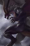 2018 adobe_photoshop_(artwork) anthro bahamut butt chunie claws cloud detailed_background digital_media_(artwork) digital_painting_(artwork) dragon european_mythology final_fantasy final_fantasy_ix flying hi_res horn male membrane_(anatomy) membranous_wings muscular muscular_anthro muscular_male mythological_creature mythological_scalie mythology open_mouth outside reptile scales scalie sky solo square_enix tail western_dragon wings
