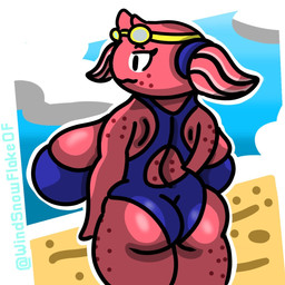 anthro beach big_breasts breasts butt clothing eyelashes female freckled_back freckled_face freckled_hips freckled_legs freckled_shoulders freckled_thighs freckles leyla_(windsnowflakeof) long_eyelashes one-piece_swimsuit pink_body pose sand sky solo swimwear windsnowflakeof aquatic cephalopod coleoid cuttlefish decapodiform mollusk octopodiform octopus 1:1 hi_res