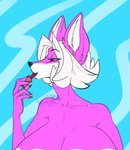 anthro blue_eyes breasts female hair lipstick makeup mirror solo white_hair hatarla yuni_hermit canid canine canis mammal wolf digital_media_(artwork)