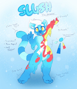 anthro claws eyebrows fur furry_tail male multicolored_body nude open_mouth plantigrade solo tail teeth text tongue tribal yellow_eyes kemotobi slush_(kemotobi) lemur mammal primate strepsirrhine 2018 english_text model_sheet