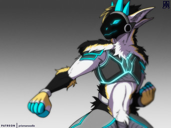 4_ears anthro fur hair horn machine male multi_ear multicolored_body multicolored_fur screen screen_face simple_background solo text prismanoodle mammal protogen robot 2022 4:3 digital_media_(artwork) english_text hi_res