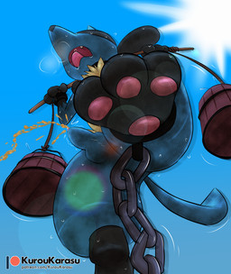 animal_genitalia anthro bdsm black_body black_collar black_fur blue_body blue_fur bodily_fluids bondage bound bucket butt chain collar container fur genital_fluids genitals low-angle_view male nude omorashi open_mouth pawpads paws peeing penis sheath slave solo submissive submissive_male urine urine_stream water watersports worm's-eye_view yellow_body yellow_fur kurohane_karasu nintendo pokemon canid canine generation_4_pokemon lucario mammal pokemon_(species) 2018 digital_media_(artwork)