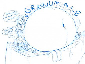 accidental_vore anthro belly big_belly bloated chair dialogue empty_plate female female_pred food furniture huge_belly hyper hyper_belly plate rumbling_stomach same_size_vore stuffing table text vore hoodah domestic_cat felid feline felis mammal 2024 blue_and_white hi_res monochrome