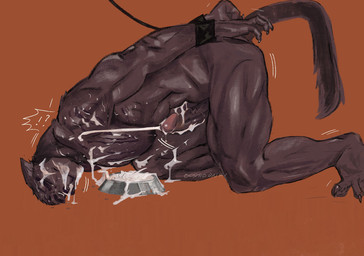 anthro bdsm black_body black_fur black_nipples black_nose bodily_fluids bondage bound bowl claws container cum cum_everywhere cum_on_self drugged ears_back ejaculation erection excessive_cum excessive_genital_fluids eyes_closed feet fur genital_fluids genitals hands_behind_back humanoid_genitalia humanoid_penis kemono male messy muscular muscular_anthro muscular_male nipples nude nude_anthro nude_male orange_background orgasm orgasm_face paws pecs penis pet_bowl pivoted_ears pointy_ears restrained simple_background solo substance_intoxication sweat toe_claws twitching ooshiodaiki canid canine canis domestic_dog mammal 2023 hi_res