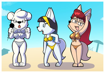 anthro beach bikini bikini_top black_hair border clothing eyewear female glasses group hair red_hair swimwear tan_body trio two-piece_swimsuit white_body white_border mr_harinezumi golden_week jean_and_aristo_(comic) chloe_gutierrez_(jean_and_aristo) jean_blueeyes lady_presenter_(jean_and_aristo) arctic_fox bear canid canine fennec_fox fox mammal polar_bear true_fox ursine hi_res