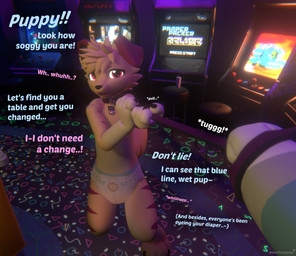ambiguous_gender anthro arcade arcade_carpet arcade_machine bar_stool bell bell_collar bending_knees big_pupils blacklight blue_body blue_fur bodily_fluids bone_tag brick brick_wall caretaker carpet collar container cup detailed_background dialogue diaper dilated_pupils dim_lighting dipstick_ears distortion duo ear_markings exhibitionism first_person_view full_diaper fur fur_markings furniture genital_fluids glistening glistening_eyes humiliation leash leash_around_arm leash_pull little_kings_(diaper) male male/male markings maroon_fur multicolored_ears offscreen_character one_ear_up open_mouth phosphorescent pleading_eyes pupils red_sclera sagging_diaper screen screen_glow sophron_(habatwo) stool struggling stuttering tan_body tan_fur text trash unclean_diaper urine used_diaper wall_(structure) watersports wet_diaper wetness_indicator whining white_body white_fur lexifuzzpup abuniverse half-life little_kings valve biskett_(lexifuzzpup) bird_dog canid canine canis domestic_dog golden_retriever hunting_dog mammal retriever 3d_(artwork) absurd_res blender_(artwork) blender_eevee_(artwork) digital_media_(artwork) english_text hi_res andromorph_(lore)