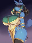 anthro big_breasts blue_body blue_fur breasts chest_spike claws clothed clothing egyptian egyptian_clothing egyptian_headdress female fingers fur glistening glistening_body holowear_(pokemon) huge_breasts jewelry nails red_eyes simple_background solo spikes spikes_(anatomy) standing thick_thighs cervina7_(artist) nintendo pokemon pokemon_unite ruins_style_lucario generation_4_pokemon lucario pokemon_(species) 2022 absurd_res digital_media_(artwork) hi_res