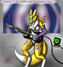 3_fingers anthro armwear biped black_nose breasts cable chest_tuft claws clothing elbow_gloves electric_guitar electronics eyelashes eyes_closed female fingers fur gloves guitar handwear musical_instrument open_mouth playing_guitar playing_music plucked_string_instrument solo standing string_instrument television text tongue tuft white_body white_fur yellow_body yellow_fur yin_yang snowfyre bandai_namco digimon canid canine digimon_(species) mammal renamon 2013 url