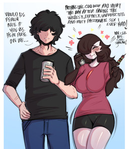 5_fingers beverage_can big_breasts bite_mark_on_face bite_mark_on_shoulder black_hair bottomwear breasts brown_hair clothed clothed_female clothed_human clothed_humanoid clothed_male clothing duo eating female female_humanoid fingers fully_clothed fully_clothed_female fully_clothed_human fully_clothed_humanoid fully_clothed_male hair hair_over_eyes long_hair male pants short_hair shorts standing tan_body tan_skin text white_body white_skin saltyxodium nintendo pokemon redditor_gardevoir redditor_gardevoir's_partner gardevoir generation_3_pokemon human humanoid mammal pokemon_(species) 2026 absurd_res colored digital_drawing_(artwork) digital_media_(artwork) english_text hi_res