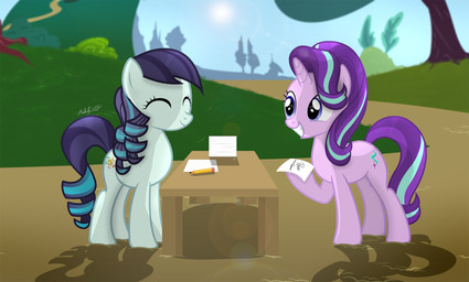 blue_eyes cutie_mark desk duo female feral fur furniture grass grey_body grey_fur hair horn multicolored_hair outside paper pink_body pink_fur plant shadow sky smile sun table tree two_tone_hair shutterflyeqd friendship_is_magic hasbro my_little_pony mythology coloratura_(mlp) starlight_glimmer_(mlp) earth_pony equid equine horse mammal mythological_creature mythological_equine pony unicorn 2016 absurd_res hi_res