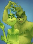 casual_nudity clone duo eye_contact eyebrows flirting fluffy fur fuzzy green_background green_body green_fur grin half-closed_eyes head_tuft holding_object looking_at_another male male/male mistletoe narrowed_eyes open_mouth open_smile plant raised_arm red_eyes selfcest simple_background size_difference smile square_crossover standing teeth tuft burgabossu how_the_grinch_stole_christmas! illumination_entertainment the_grinch_(2018) grinch humanoid monster