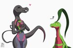 anthro awkward black_body duo female feral fire grass green_body green_scales heart_symbol hug male male/female open_mouth pink_body pink_scales plant plushie poison purple_body purple_scales question_mark questioning scales standing starring toy mightyraptor nintendo pokemon elise gregory generation_3_pokemon generation_7_pokemon grovyle lizard pokemon_(species) reptile salazzle scalie