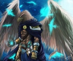 abs anthro armor beak belt bracers cape clothed clothing feathered_wings feathers magic magic_user male muscular muscular_anthro muscular_male solo star tan_body tan_feathers topless white_eyes wings moyexingchen avian familiar 2012 hi_res signature