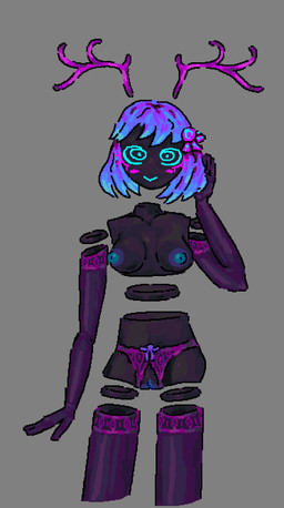 antennae_(anatomy) antlers blue_eyes blue_hair blush breasts clothing eyelashes female genitals hair horn lingerie machine nipples smile solo standing vulva tellsludge corru.observer geli_(corru.observer) alien humanoid robot hi_res