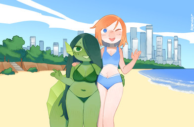 beach belly_tuft blue_eyes blush breasts chest_tuft city cityscape cleavage clothed clothing cloud duo female fence fin gesture green_body green_eyes green_hair hair hair_over_eye hand_on_hip hand_on_shoulder holding_another long_hair looking_at_viewer medium_breasts multicolored_body navel non-mammal_breasts non-mammal_navel one_eye_closed one_eye_obstructed open_mouth orange_hair sea short_hair skyline small_breasts smile stairs swimwear tail tan_body thick_thighs tree_line tuft two-piece_swimsuit water wave waving wide_hips penturice alice_(penturice) sarah_(penturice) aquatic avian bird fish hi_res watermark