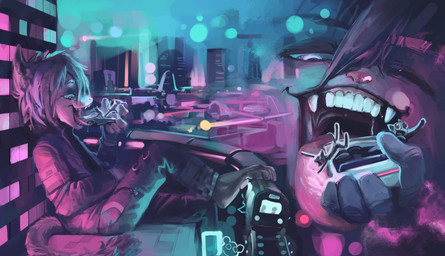 anthro bodily_fluids city city_background city_lights city_skyline clothing cyberpunk_clothes drooling eating_vehicle feet futuristic_setting macro male micro mouth_shot open_mouth paws saliva size_difference streetwear techwear teeth toes tongue tongue_out blackestmanamultis zeke_(sugarpunk) domestic_cat felid feline felis mammal absurd_res hi_res story story_in_description