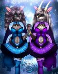 anthro antlers breasts cleavage clothed clothing collar duo female hand_holding horn naval_gem smile standing almos-tiroshi deer felid mammal