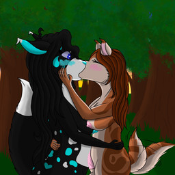 anthro areola big_breasts black_hair blush blush_lines breasts duo erection eyes_closed female female_anthro fluffy fluffy_tail genitals gynomorph gynomorph/female hair intersex intersex/female kiss_on_lips kissing long_hair love making_out nipples nude nude_anthro nude_female penis red_hair spiked_penis spikes spikes_(anatomy) tail tail_motion tailwag vein veiny_penis wide_eyed just-another-furry ditzey canid felid hybrid mammal 1:1 digital_media_(artwork) hi_res trans_(lore) trans_woman_(lore)