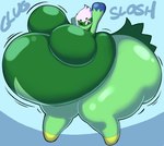 2020 absurd_res angstrom belly big_belly big_breasts big_butt blue_background breasts butt clothing digital_media_(artwork) elemental_creature elemental_humanoid english_text female flora_fauna generation_4_pokemon green_body green_clothing hair hi_res huge_belly huge_breasts huge_butt humanoid hyper hyper_belly motion_lines nintendo not_furry onomatopoeia plant plant_humanoid pokemon pokemon_(species) roserade simple_background sloshing_belly solo sound_effects text thick_thighs white_hair