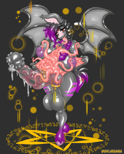 animal_genitalia animal_penis anthro balls big_balls big_breasts big_penis bodily_fluids breasts clothing equine_genitalia equine_penis feral genital_fluids genitals gynomorph huge_penis intersex latex latex_clothing penis precum solo tentacles klmsama absurd_res hi_res