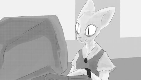 anthro blouse clock clothing computer computer_keyboard computer_mouse electronics eye_bags female fur jewelry keyboard looking_at_computer looking_at_object looking_at_screen necklace pupils shirt short_sleeves slit_pupils smile solo tired_eyes topwear watch white_body white_fur window_light eloisanon eloisa domestic_cat felid feline felis mammal monochrome screentone