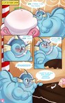 cake candy chocolate dessert dialogue duo feeding female feral food frill_(anatomy) morbidly_obese obese overweight ribbons_(anatomy) weight_gain fattyjakalope nintendo pokemon eeveelution generation_1_pokemon generation_6_pokemon pokemon_(species) sylveon vaporeon absurd_res comic hi_res