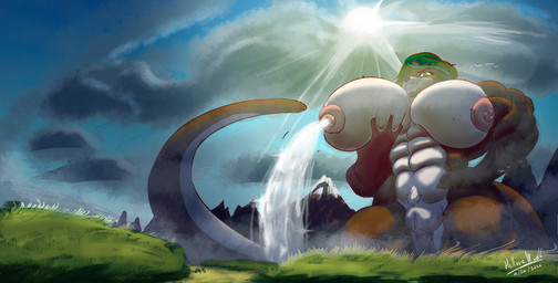 abs anthro biceps big_breasts bodily_fluids breast_milking breast_squish breasts detailed_background female genitals huge_breasts lactating macro muscular muscular_female solo squish vulva heavygusttaf terisien mammal mustelid otter absurd_res hi_res