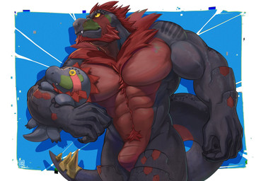 abs alternate_species anthro barazoku beard black_body black_skin blue_background border bulge claws facial_hair fangs hair jewelry male muscular muscular_anthro muscular_male navel pecs plushie red_body red_hair red_skin sharp_teeth shirtless simple_background solo spikes standing teeth text white_border yellow_eyes yellow_sclera benoitxie nintendo pokemon tagg dinosaur fossil_pokemon generation_6_pokemon hybrid pokemon_(species) prehistoric_species reptile scalie theropod tyrannosaurid tyrannosauroid tyrannosaurus tyrannosaurus_rex tyrantrum artist_name hi_res
