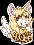 anthro female horn solo text wings marsminer mythology adora_(marsminer) name equid equine horse mammal mythological_creature mythological_equine pegasus unicorn winged_unicorn 2023 alpha_channel character_badge_(artwork) hi_res