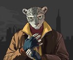 alternate_species anthro bomber_jacket city cityscape clothing fingerless_gloves furrification gloves handwear jacket male outside skyline solo style_emulation sweater topwear turtleneck clawheld grand_theft_auto grand_theft_auto_iv rockstar_games niko_bellic felid mammal pantherine snow_leopard 2021 hi_res redraw