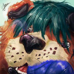 anthro ball big_eyes close-up collar detailed_fur fur hair hair_over_eyes male silly solo sparkles teeth whiskers bird_dog canid canine canis domestic_dog felid golden_retriever hunting_dog hybrid mammal pantherine retriever tiger 1:1 detailed hi_res
