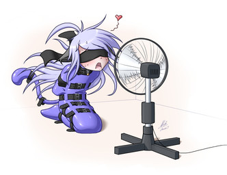 bdsm belt blindfold blush bodily_fluids bondage bound collar covered_eyes ears_back electric_fan hair hands_behind_back heart_symbol humor kneeling latex legs_together lock long_hair male motion_lines open_mouth oscillating_fan padlock padlocked_collar pivoted_ears purple_hair simple_background solo sweat tongue white_background wire alodo_(artist) squiggly animal_humanoid cat_humanoid domestic_cat felid felid_humanoid feline feline_humanoid felis humanoid mammal mammal_humanoid signature