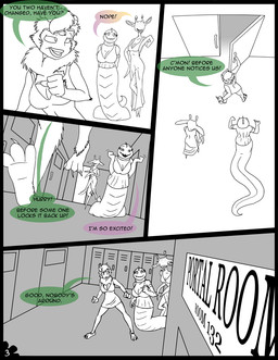 3_eyes 4_eyes black_border border breasts clothed clothing dialogue door female inside locker monster_girl_(genre) multi_eye non-mammal_breasts running school smile speech_bubble text janner3d monster reptile scalie snake comic english_text