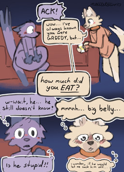 anthro blush dialogue duo fur furniture hiding_vore leg_markings male markings oblivious on_sofa purple_body purple_fur shocked sitting sitting_on_sofa socks_(marking) sofa speech_bubble text vore mollietown canid canine canis fox mammal wolf 2026 absurd_res comic english_text hi_res sketch